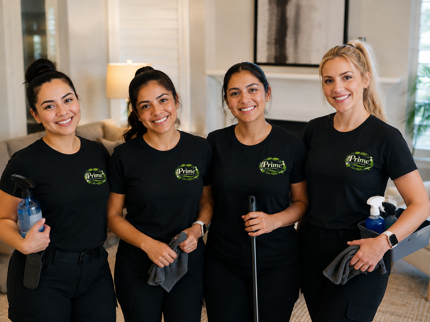 Prime Cleaning MO team members in branded shirts holding cleaning supplies inside a home