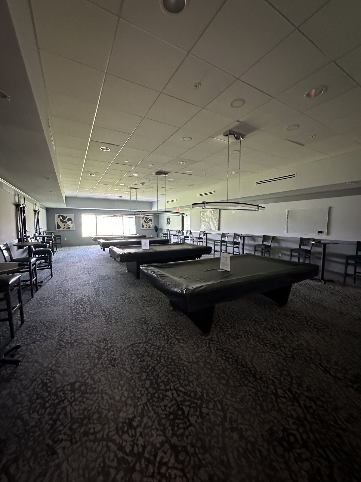 Billiards and game lounge with detailed carpet and tidy seating