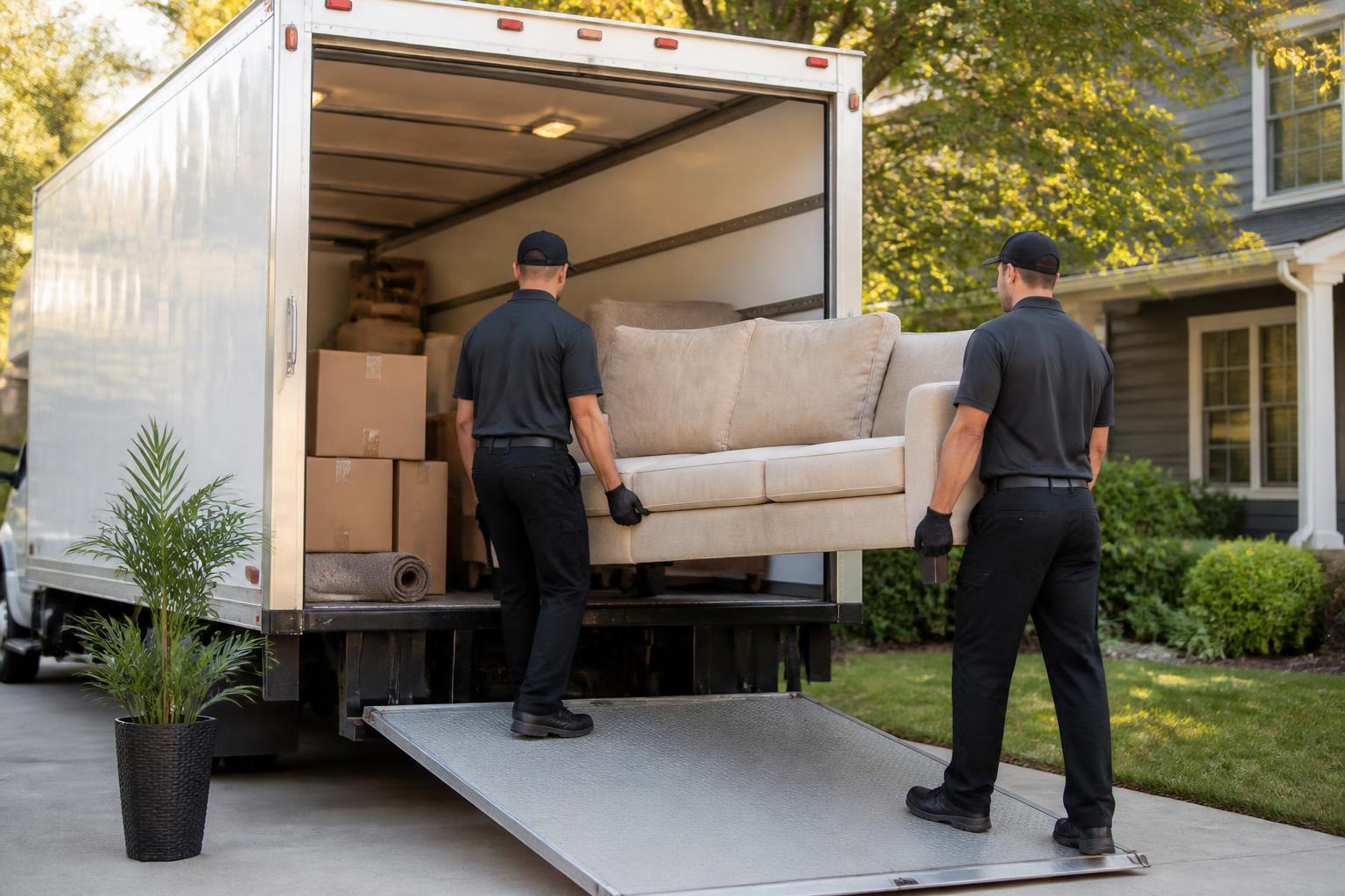 Prime junk removal crew loading a couch and boxes into a hauling truck at a St. Louis home
